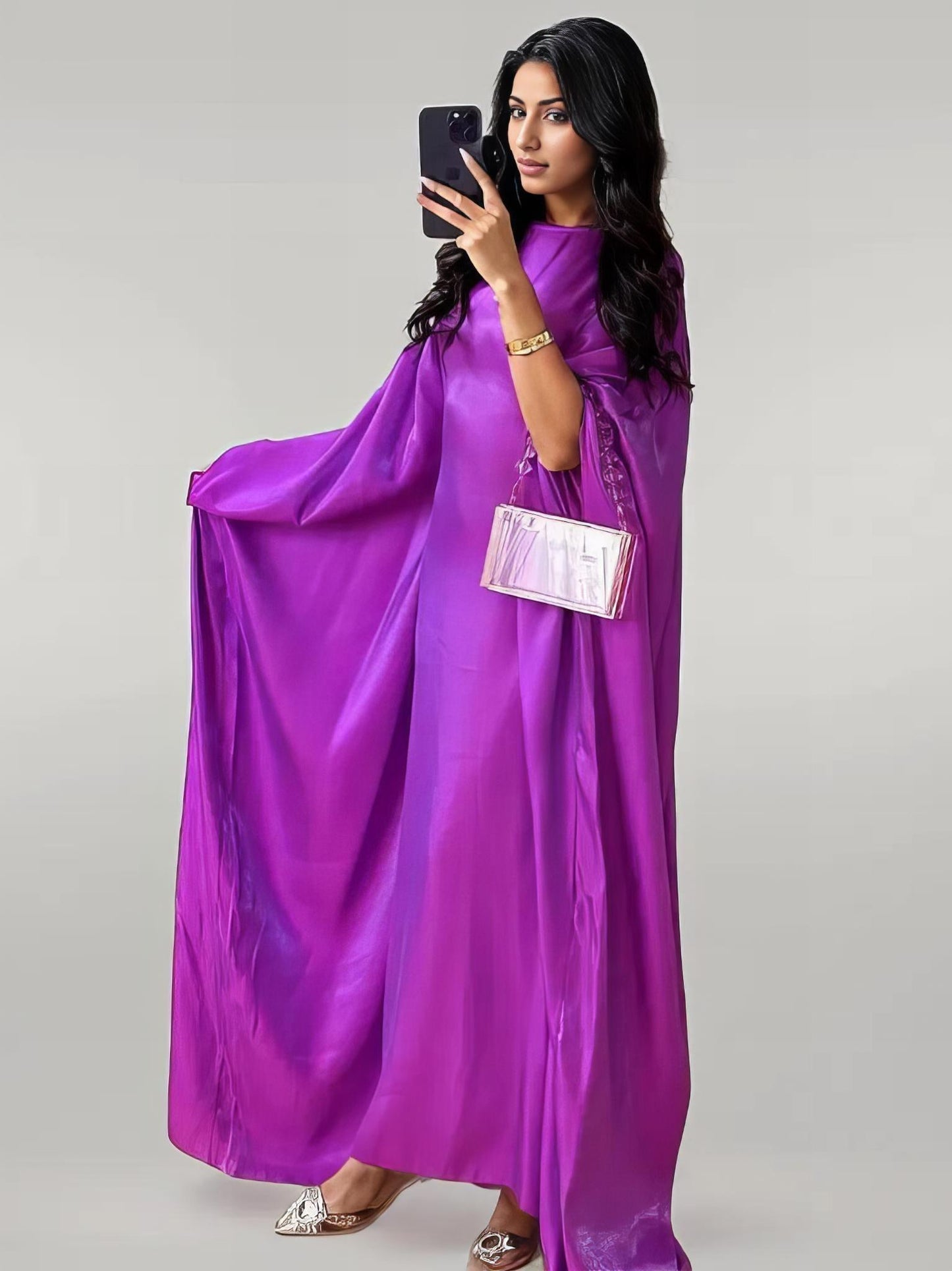 Satin Butterfly Abaya/Kaftan Dress in Beige, Blue, Purple