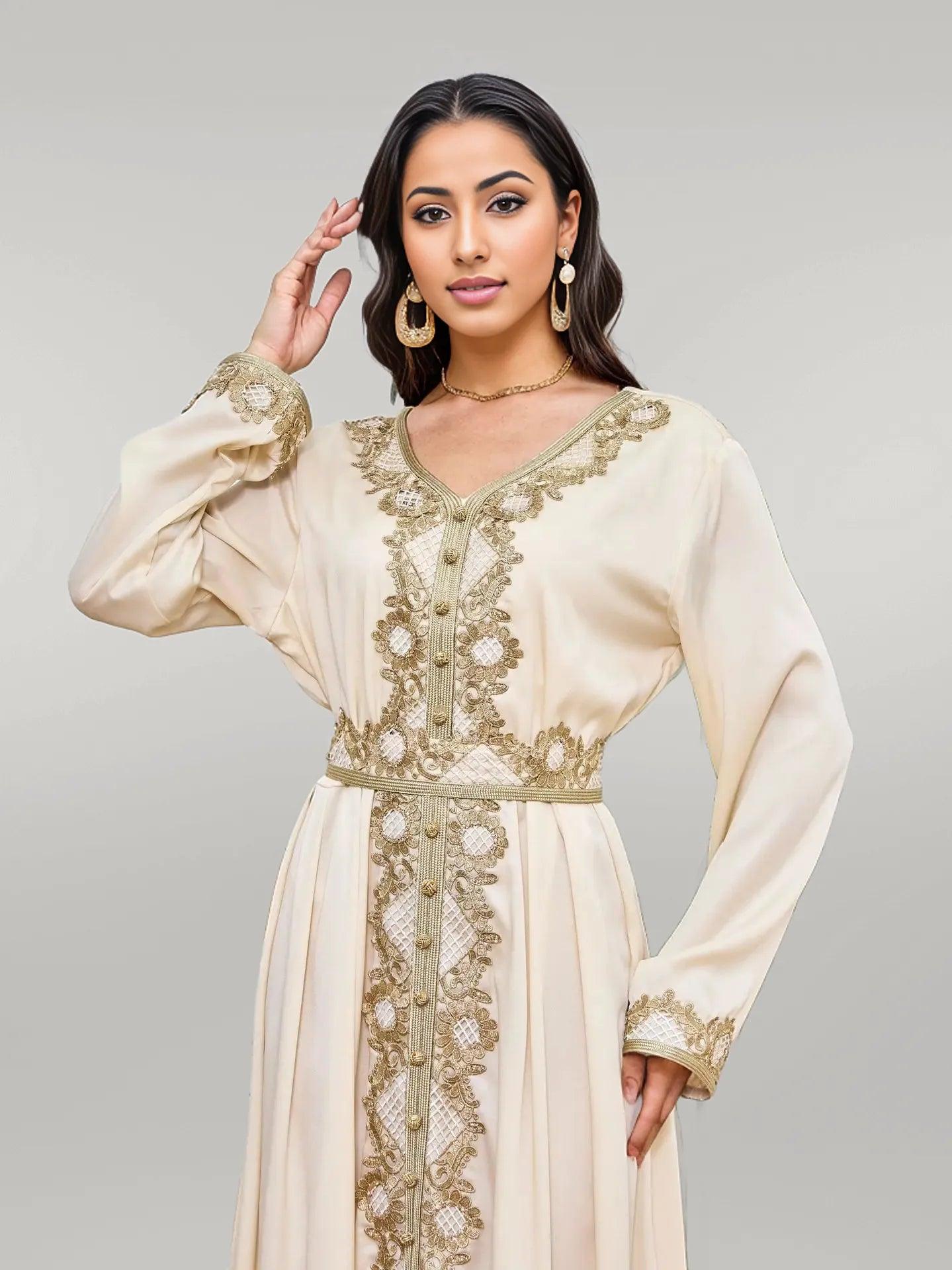 Party Wear Apricot Kaftan with Sophisticated Golden Embroidery
