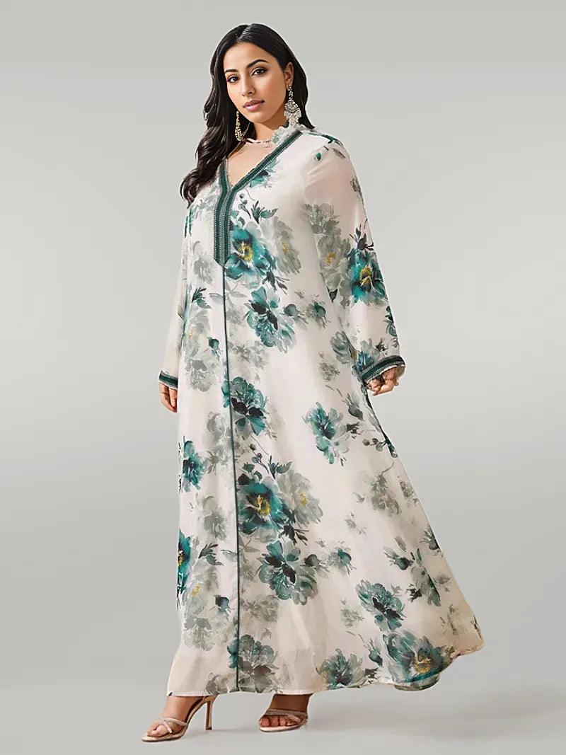 Green Floral Print Kaftan Dress Loose Fit