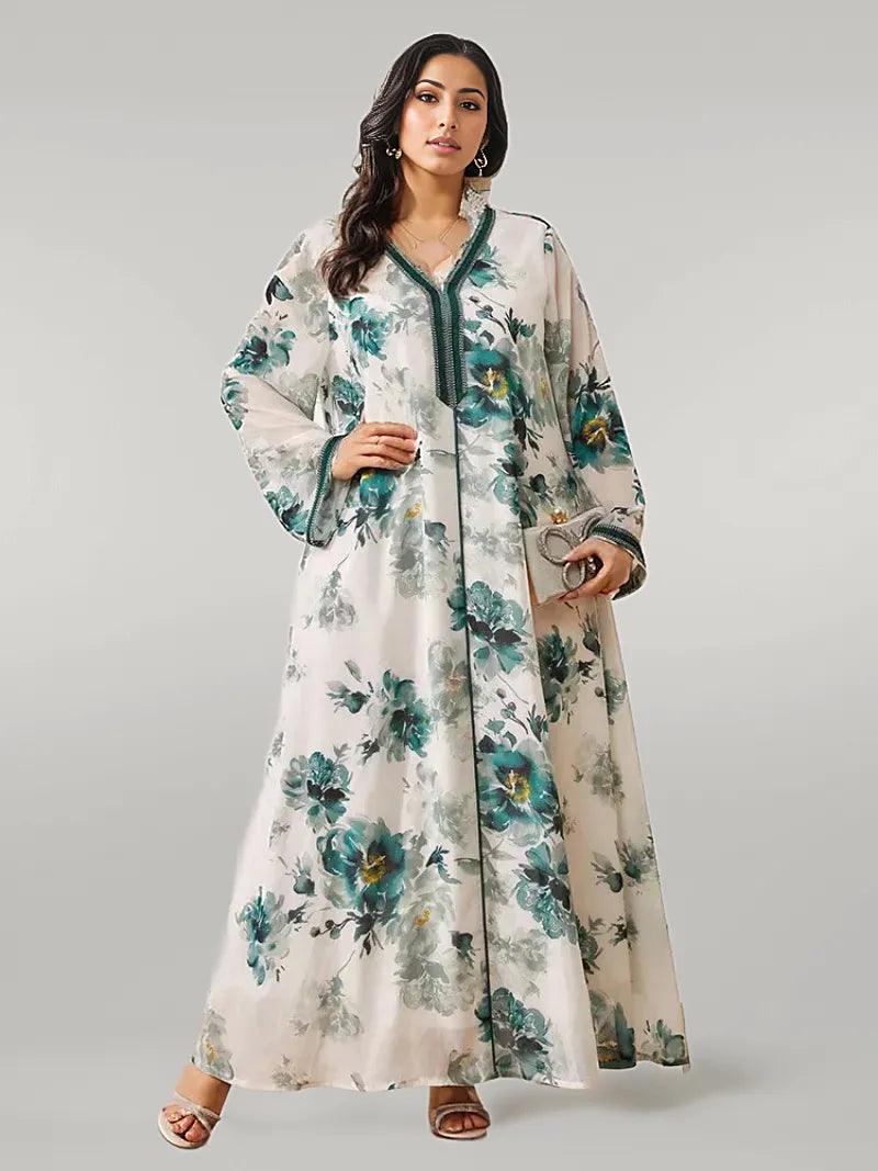 Green Floral Print Kaftan Dress Loose Fit
