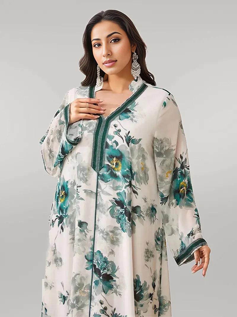 Green Floral Print Kaftan Dress Loose Fit