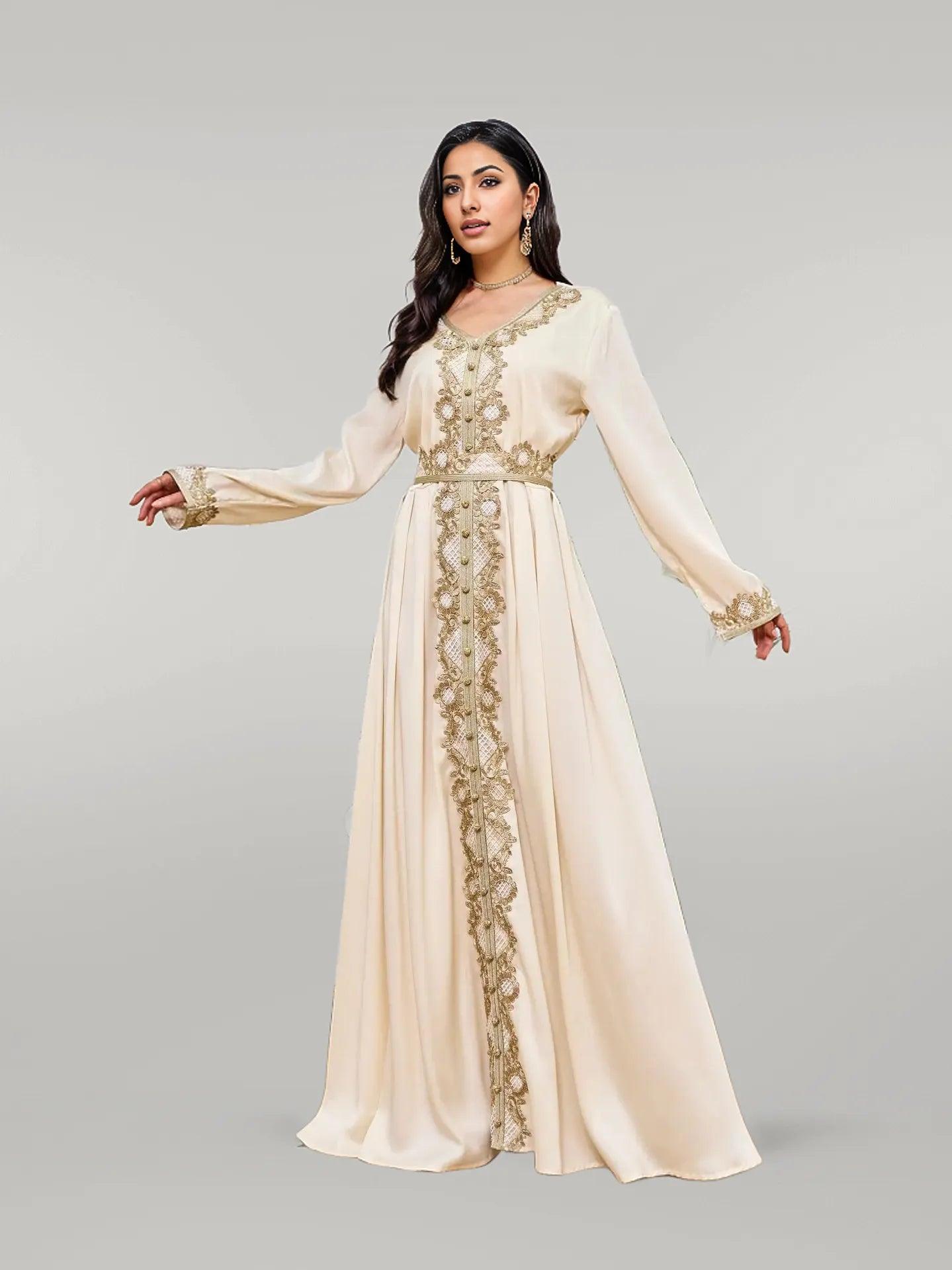 Party Wear Apricot Kaftan with Sophisticated Golden Embroidery