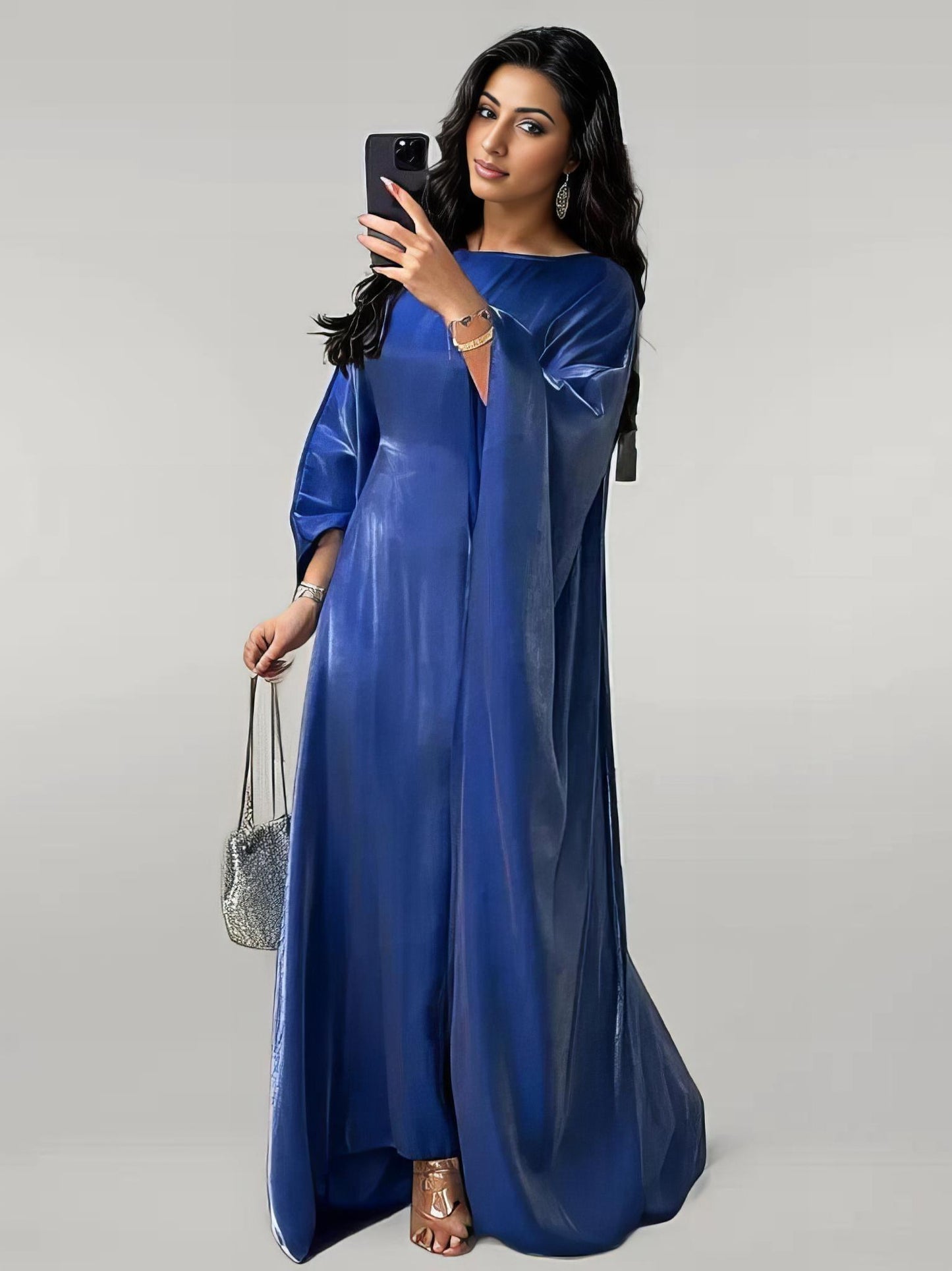 Satin Butterfly Abaya/Kaftan Dress in Beige, Blue, Purple