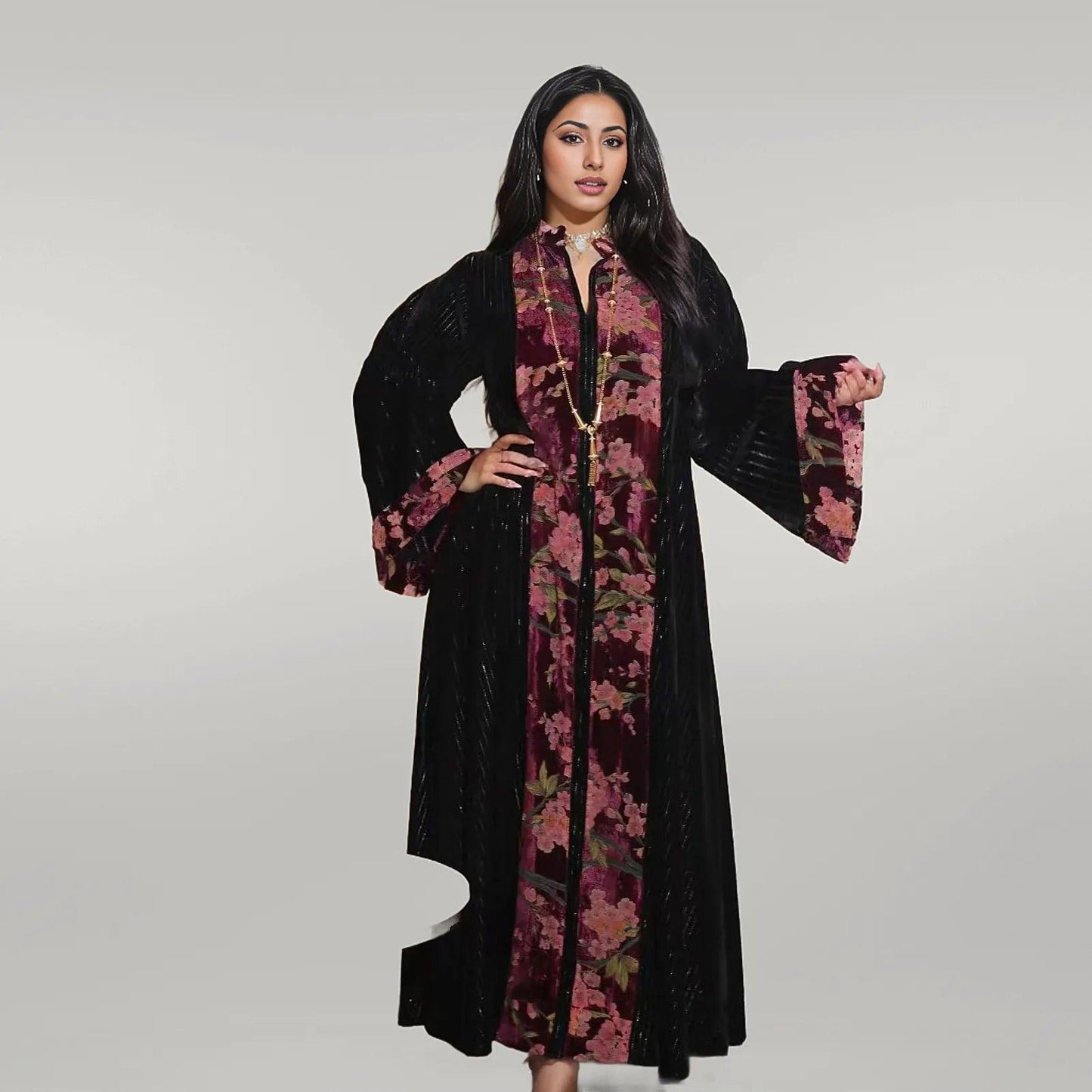 Casual Black Abaya with Floral Pattern