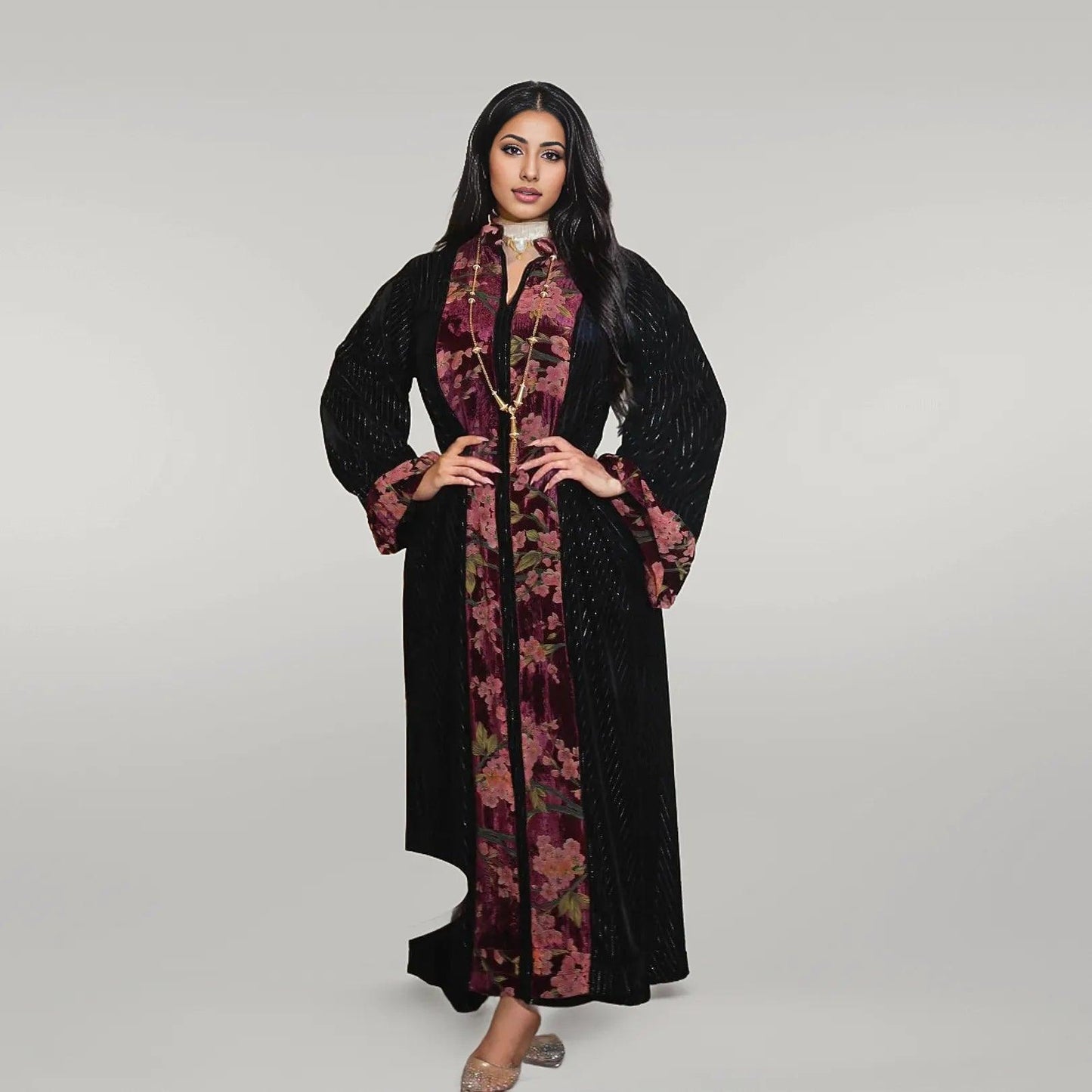 Casual Black Abaya with Floral Pattern