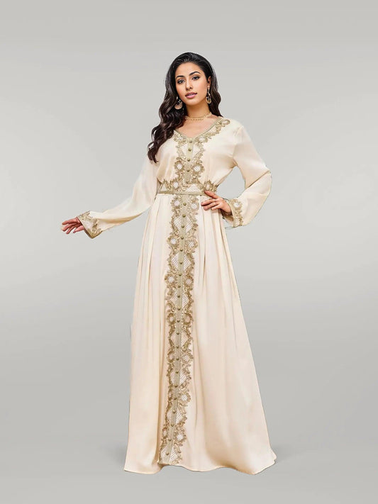 Party Wear Apricot Kaftan with Sophisticated Golden Embroidery